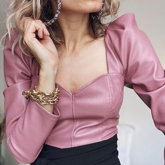 Zara Faux Leather Puff Shoulders Marsala Crop Top/Blouse Blogger Favorite NWT - Picture 4 of 16